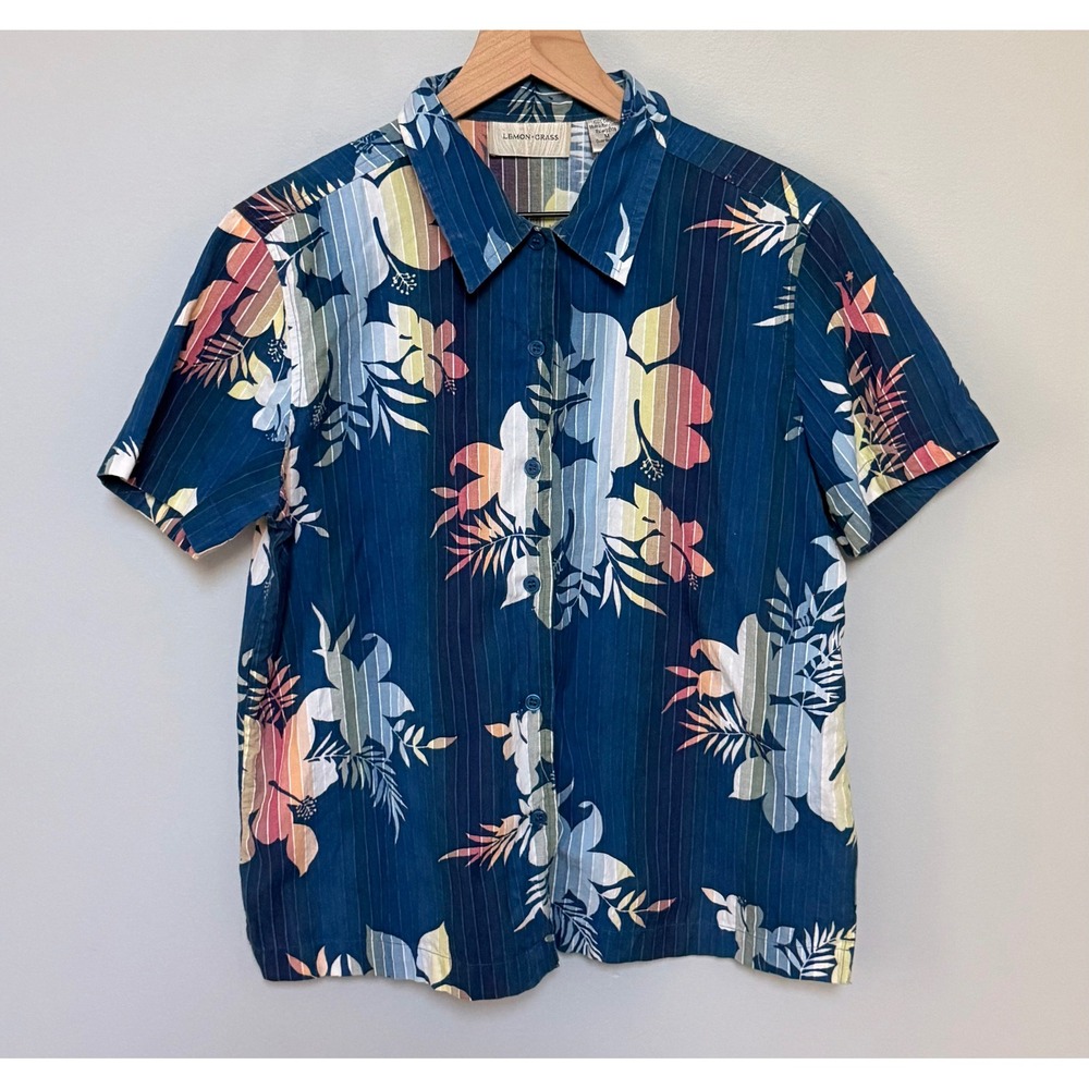 Lemon Grass Womens Vintage Y2K Tropical Floral Cotton Button Down Shirt Size M